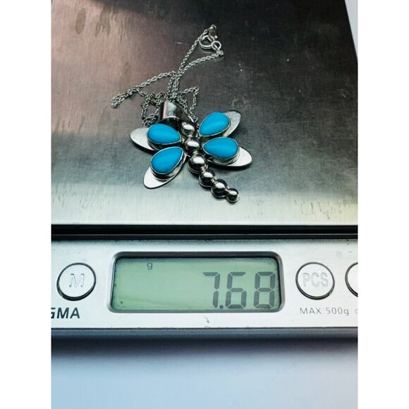 Sterling Silver 925 Turquoise Dragonfly Pendant Necklace 18" Spring Ring 7.68g - Picture 10 of 10